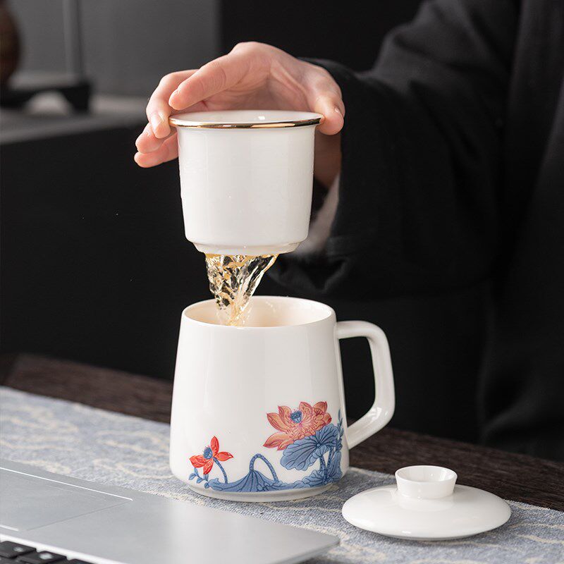 善简羊脂玉茶杯茶水分离带盖过滤家用德化白瓷水杯男女陶瓷马克杯