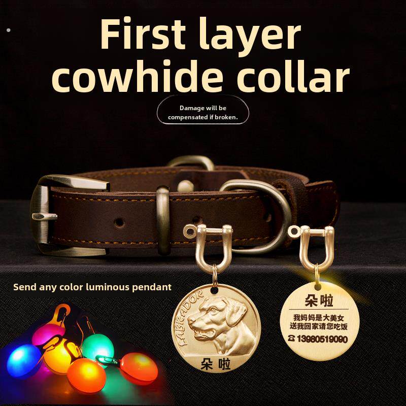 真皮狗项圈定制狗标签钟雕刻防丢失中型和大型小型狗小狗项圈宠物
