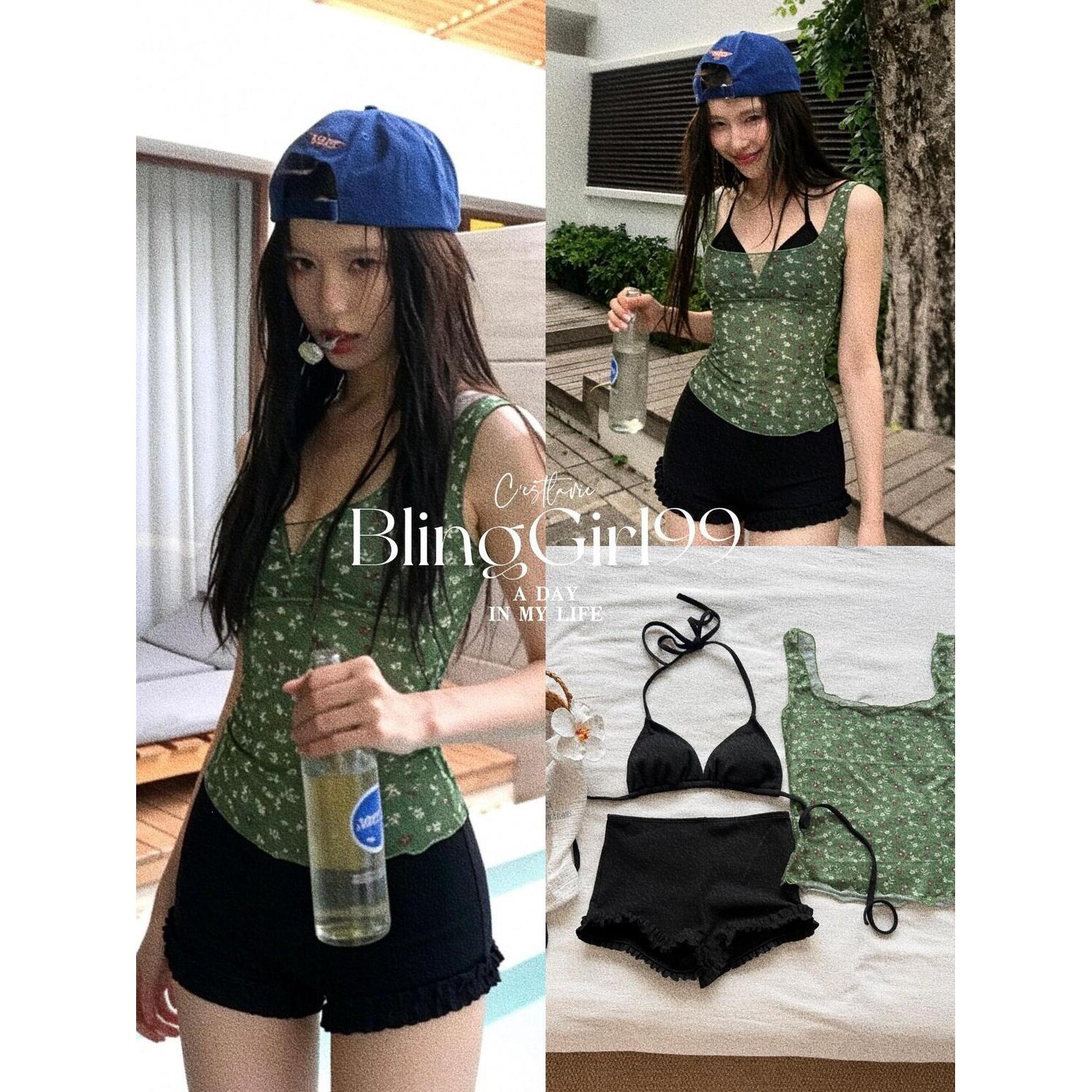 法式复古碎花显瘦吊带三件套泳衣