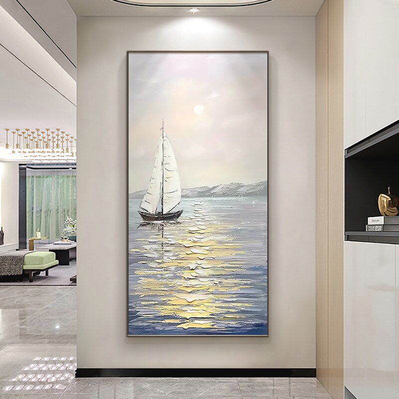 法式纯手绘油画玄关装饰画一帆风顺客厅过道入户挂画风景厚油壁画