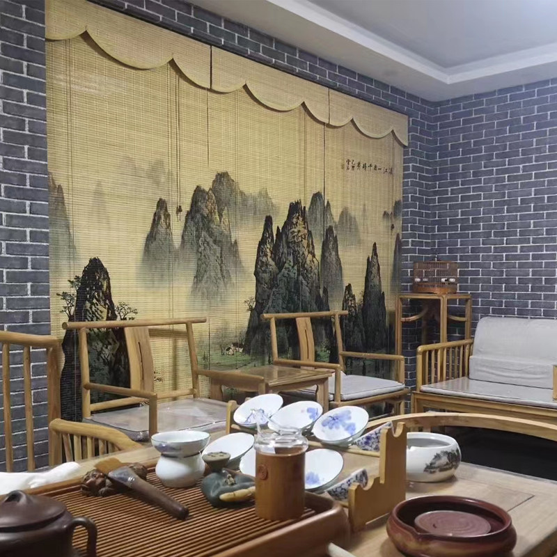 定制竹帘卷帘窗帘遮阳帘图案打印中式禅意茶室书房彩绘竹子隔断帘