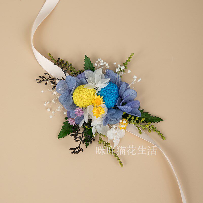 蓝色系田园风婚礼新郎胸花森系草坪小清新结婚襟花伴娘真花手腕花
