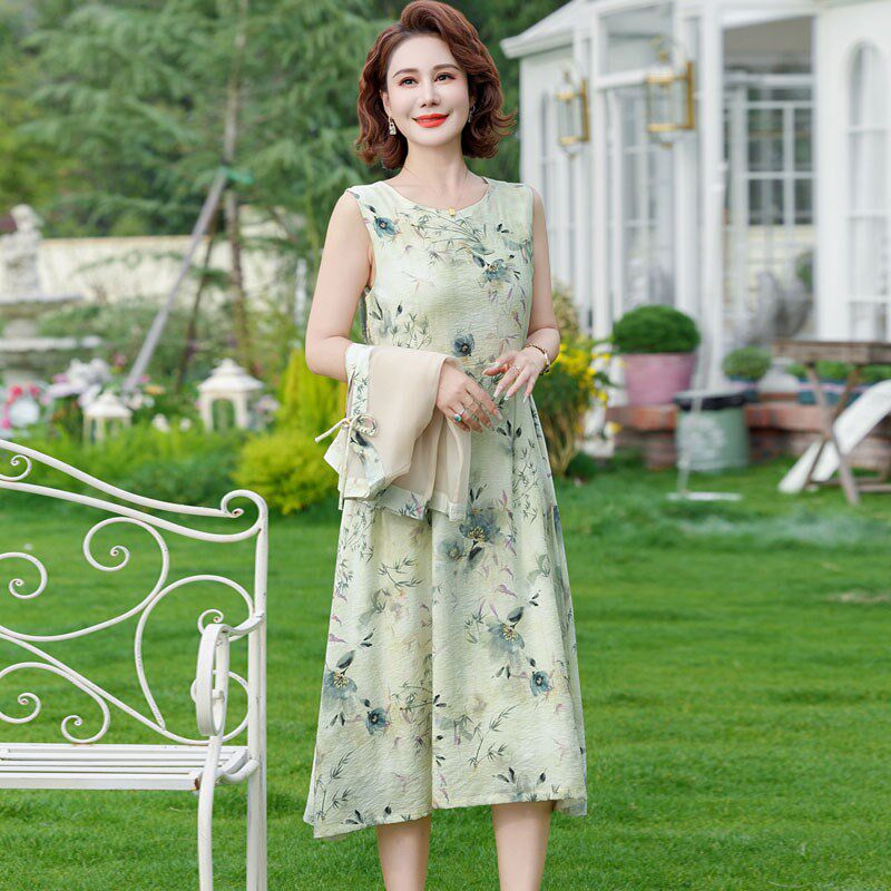 中国风妈妈连衣裙夏装套装新中式盘扣中老年女雪纺小衫上衣两件套