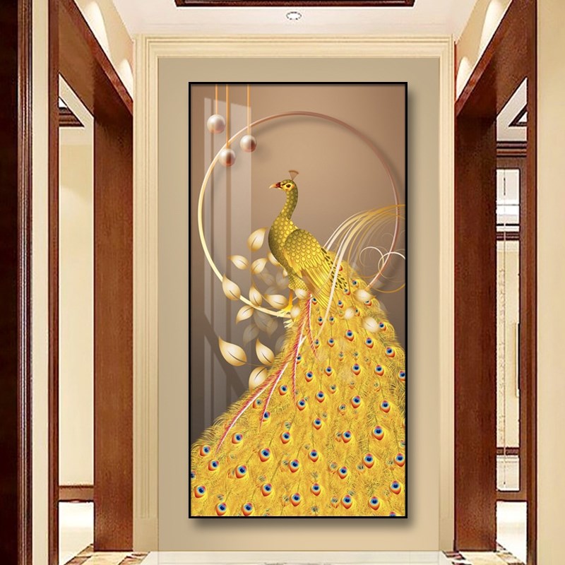 网红晶瓷画金孔雀新中式玄关装饰画竖版壁画镶钻过道挂画走廊客厅