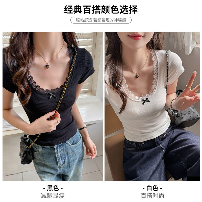 纯欲蕾丝花边BM风正肩短袖t恤女