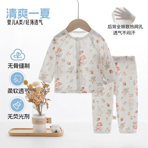 2025新款纯棉婴儿内衣长袖套装后背网眼空调服卡通分体夏季薄款