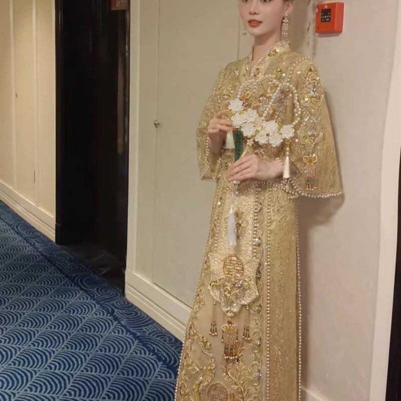 秀禾服新娘礼服2024年新款金色大码秀和敬酒夏款孕妇中式嫁衣婚服