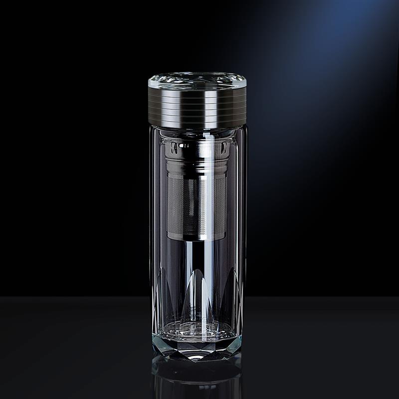 韩科水晶双层玻璃杯子带盖子可携式保温茶水分离水杯过滤泡茶杯办
