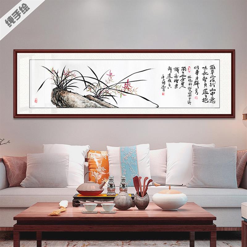 手绘中国画卧室床头客厅茶社酒店书房镜框装裱横幅对开兰花兰石图
