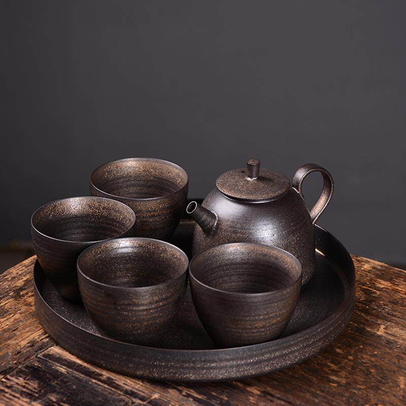日式鎏金复古手抓壶铁锈釉茶壶旅行粗陶瓷快客杯一壶两杯功夫茶具