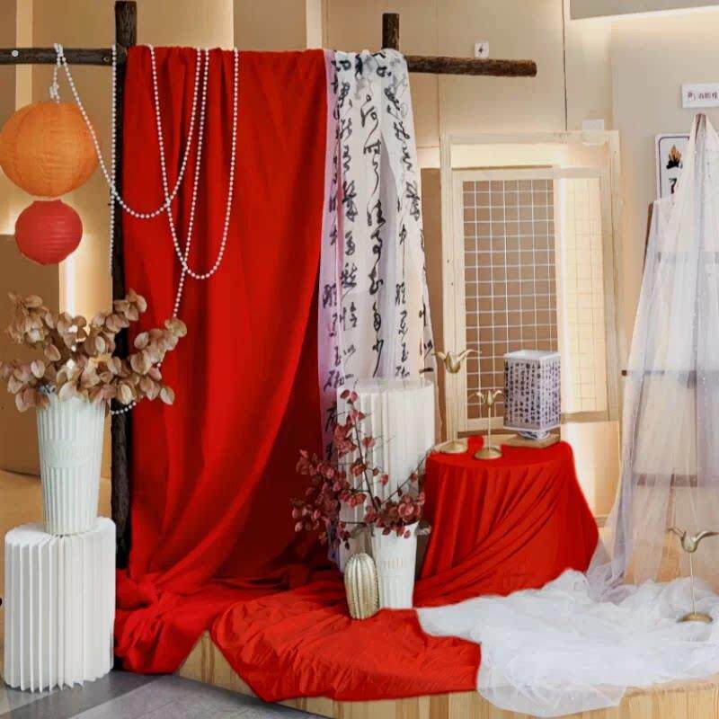 红色布幔新年红色背景舞台装饰布置幼儿园大厅元旦环创纱幔