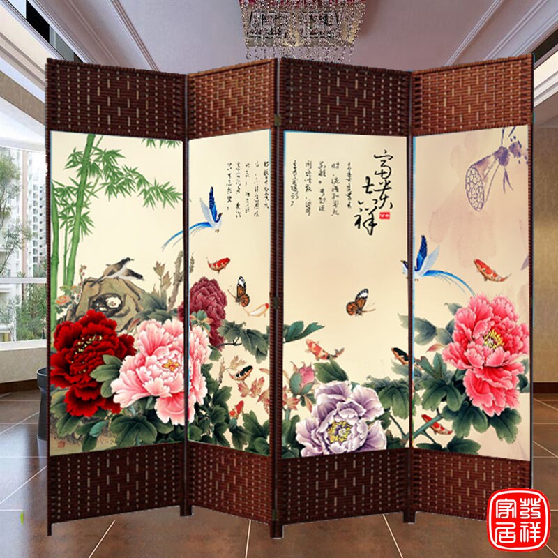 藤编布艺屏风隔断折叠酒店养生茶馆客厅办公实木玄关中式折屏座屏