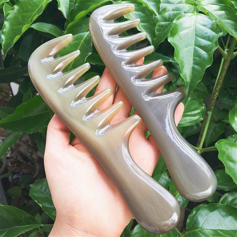 越南白水牛角七齿按摩梳子,厚实圆润宽齿卷发专用梳子