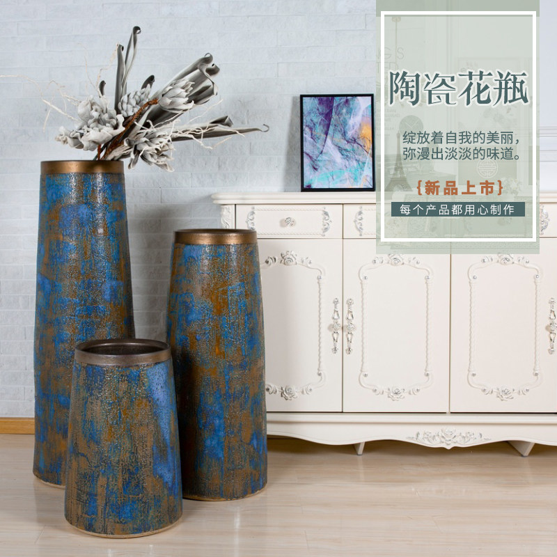 复古怀旧景德镇陶瓷落地大花瓶干花花器插花手工粗陶陶罐客厅摆件