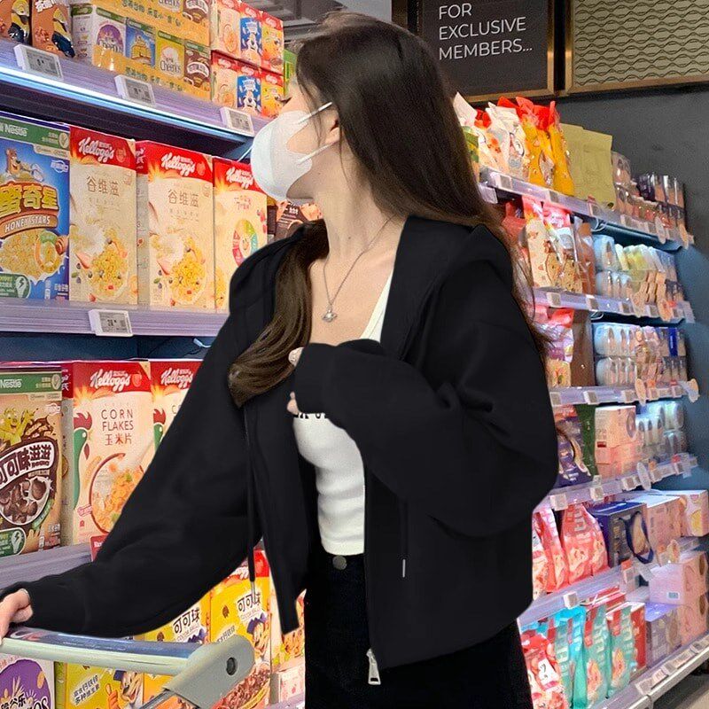 短款外套女士黑色卫衣女春秋2024新款小个子加绒开衫拉链开衫上衣
