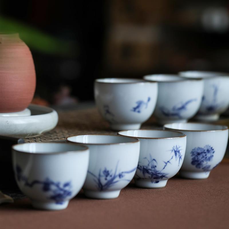 景德镇手工绘制官汝窑釉下青花花鸟功夫品茗茶具陶瓷仿古单杯官窑