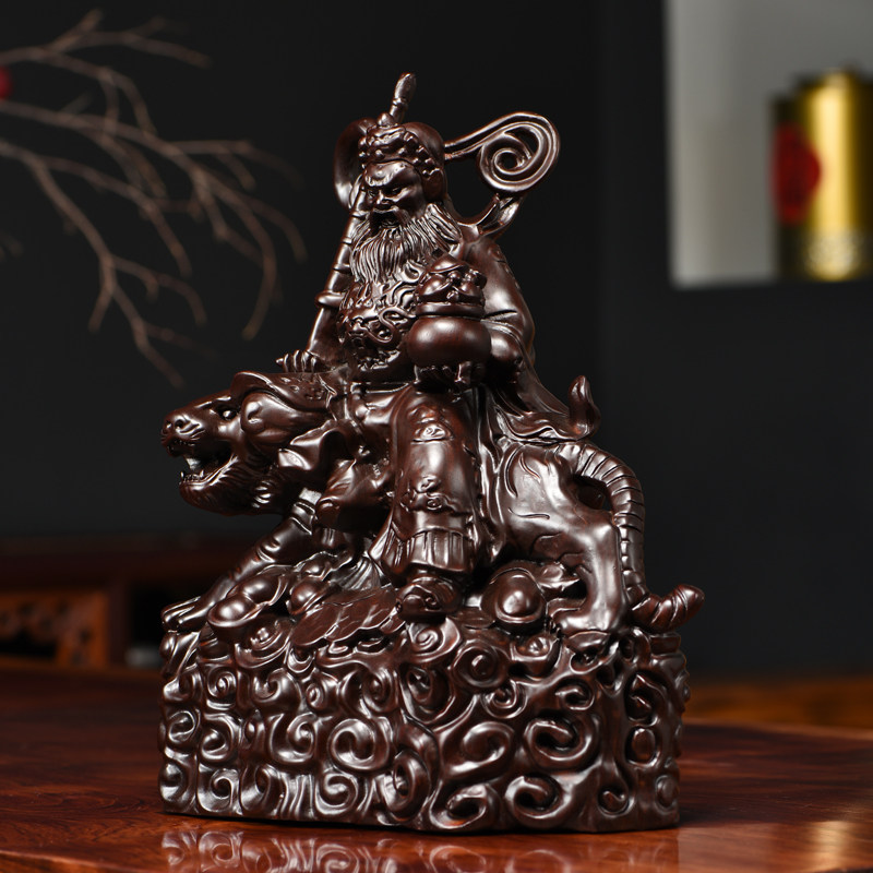 黑檀木雕刻骑虎赵公明神像摆件武财神家居公司装饰开业送礼工艺品