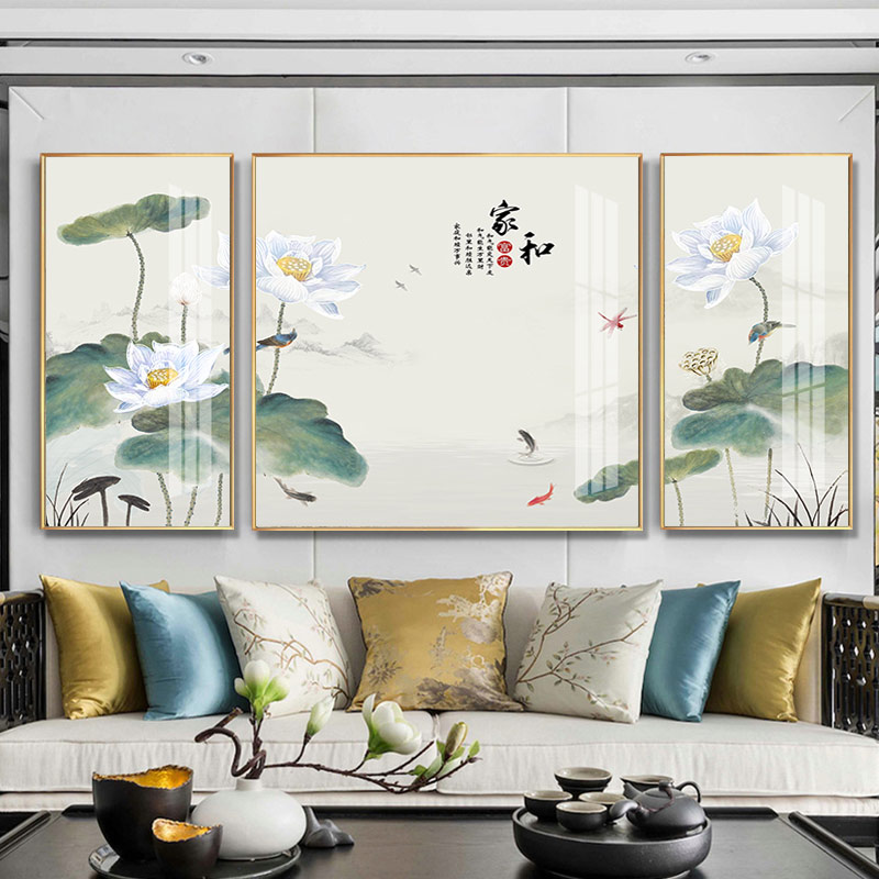 新中式客厅装饰画沙发背景墙上画山水三联壁画中国风花鸟挂画荷花