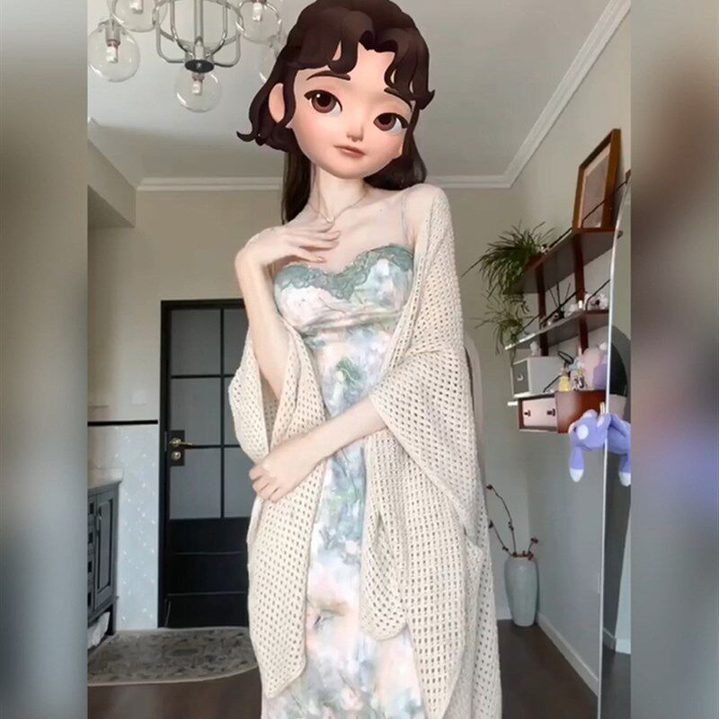 胖mm新中式温柔性感蕾丝碎花吊带连衣裙女气质收腰长裙开衫两件套