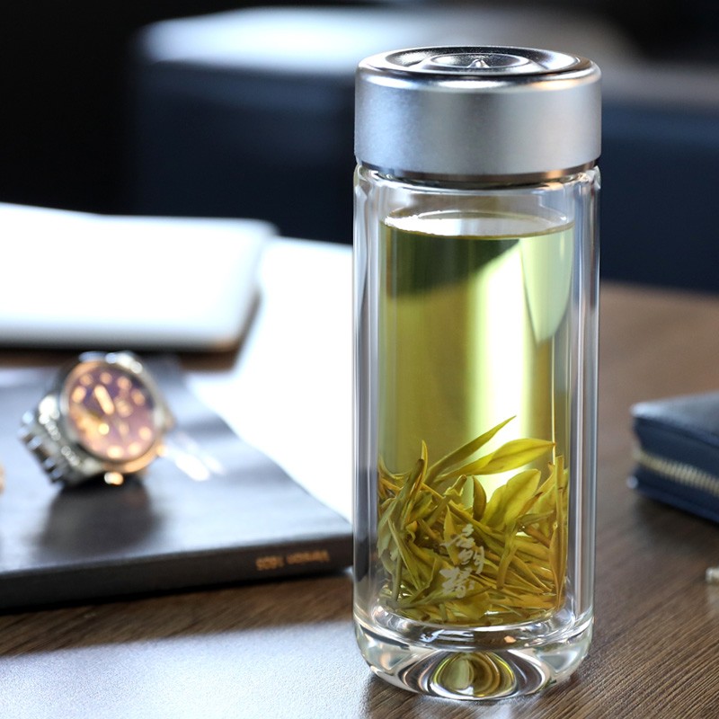 启明缘玻璃杯商务双层玻璃水杯耐热随手杯办公车载杯子 免费刻字