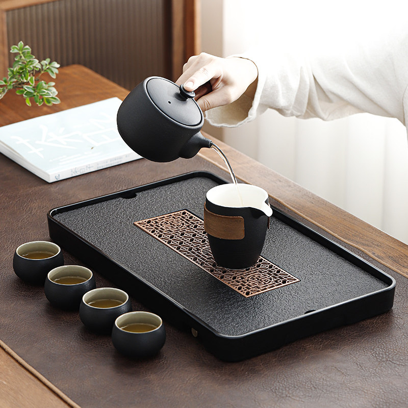 乌金瓷盘茶盘托盘沥水小型茶台家用排水式轻奢干泡台简约蓄储接水