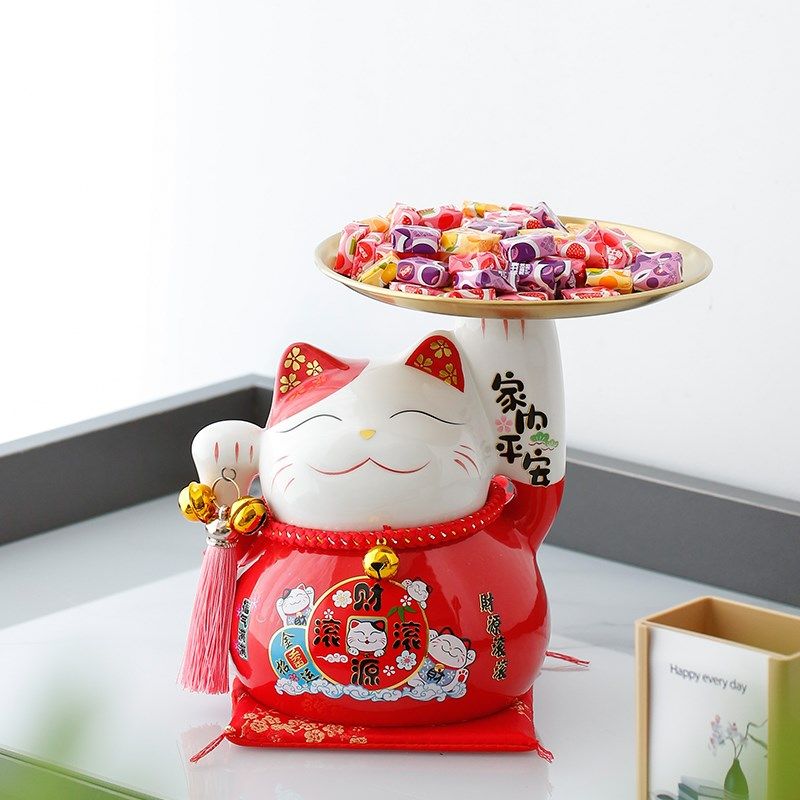 陶瓷招财猫储蓄罐入户鞋柜钥匙收纳玄关家居装饰摆件乔迁新居礼品