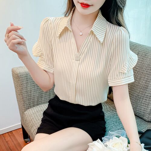 150个子薄款V领短袖条纹雪纺衬衫女士夏季155穿搭衬衣洋气上衣xs