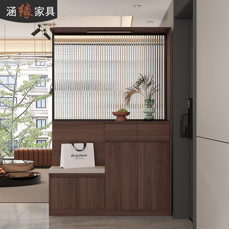 复古风入户玄关鞋柜坐凳一体客厅屏风玻璃隔断柜家用门厅柜7W38