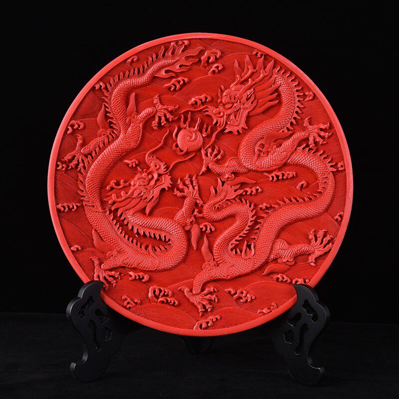 扬州红色漆器福字盘 北京雕漆特色装饰品 客厅摆件五子祝寿盘 商