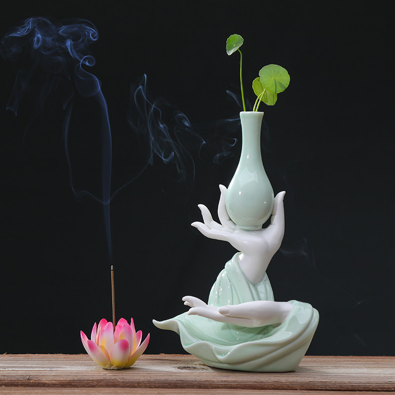 创意陶瓷水培花器禅意佛手莲心家用线香熏炉莲花香插家居装饰摆件