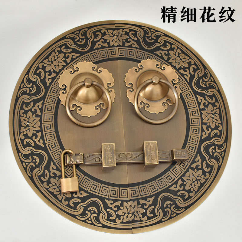 仿古大门拉手中式纯铜老式门环实木门把手圆形花纹拉环铜锁扣门栓
