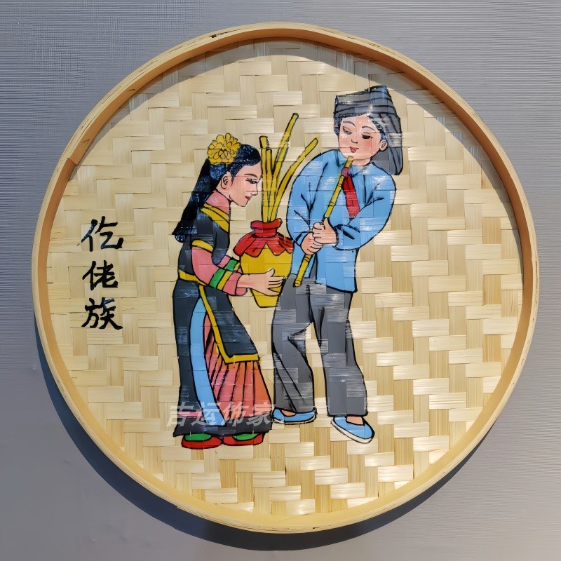 56民族手绘竹编饰品簸箕画装饰挂件竹筐画饭店复古风农家乐竹筛子