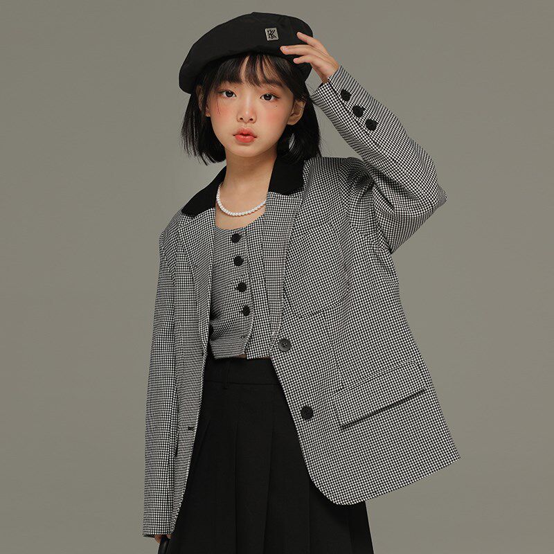 小女森女童高级感格子西装春秋外套儿童洋气西服中大童秋冬上衣潮