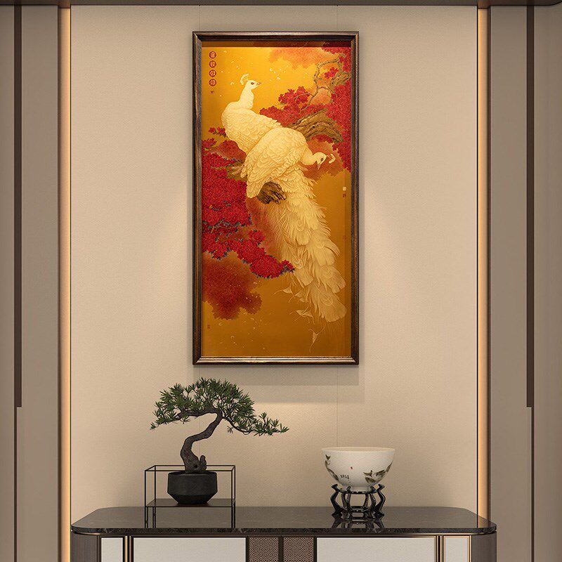 新中式玄关入户挂画沙发背景墙壁画轻奢艺术装饰画孔雀图前程似锦