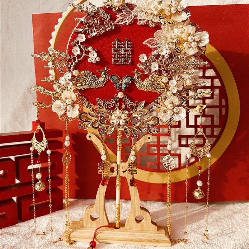 结婚团扇喜扇新娘中式婚礼红色婚纱摄影道具DIY材料包秀禾扇子