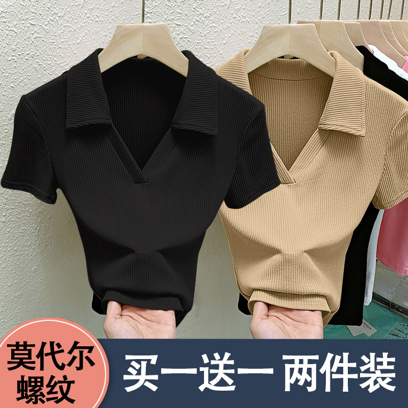 黑色v领短袖t恤女polo衫2T恤