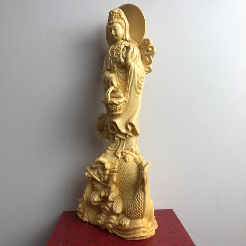 桧木精雕鳌鱼观音骑龙鱼菩萨神像摆件家居客厅寺庙供奉装饰工艺品