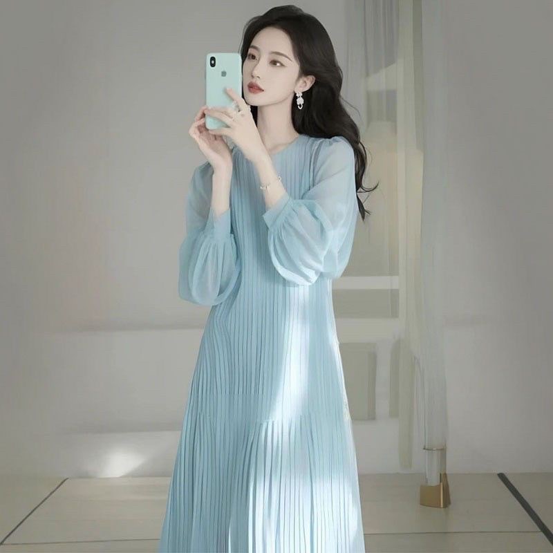 法式连衣裙女2025春款精致高级感宽松显瘦蓝色雪纺圆领长袖裙子