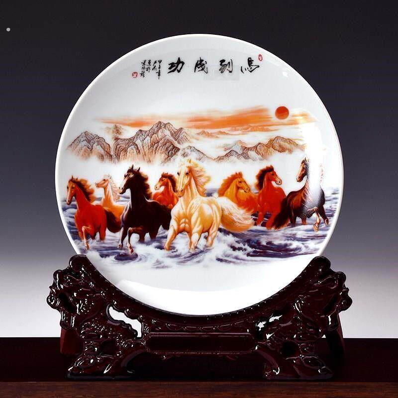 器彩色八骏图瓷盘子坐盘挂盘工艺品摆件