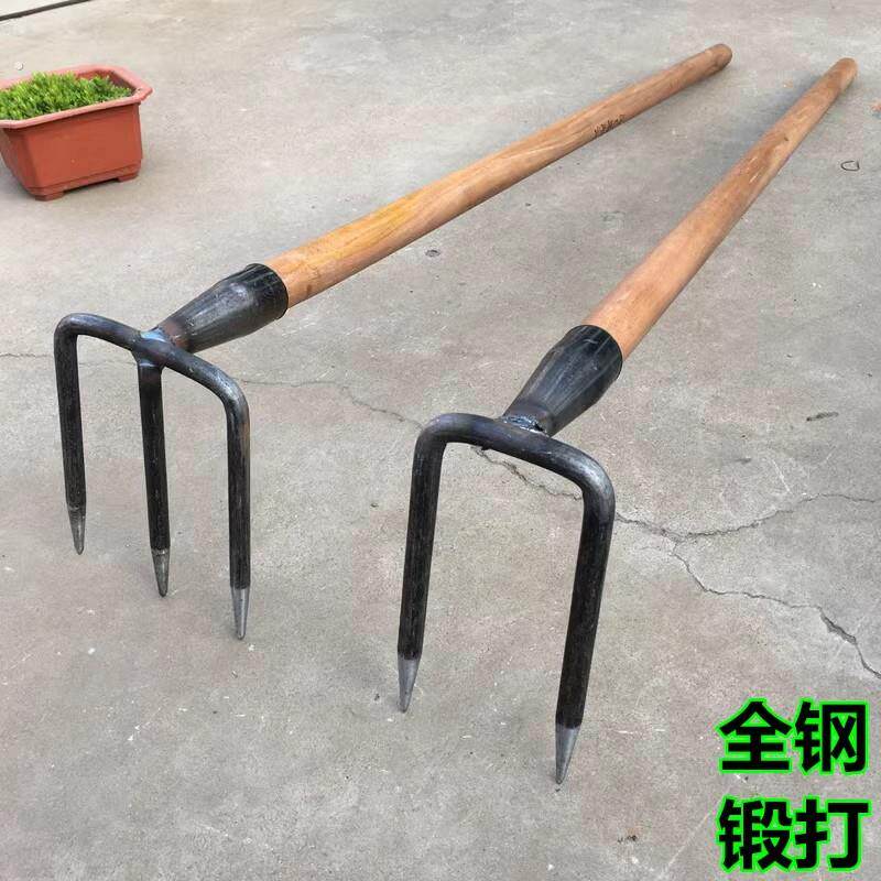 翻土钢耙子二齿三齿四齿钉耙松土耙两齿镐锰钢农用三四齿锄头大号