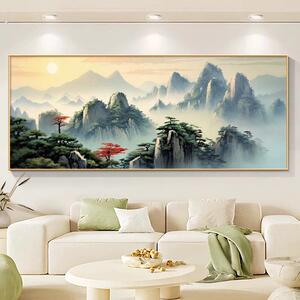 背有靠山客厅装饰画新中式沙发背景墙山水壁画旭日东升寓意好挂画