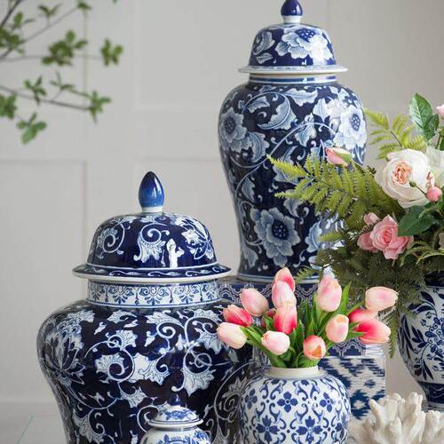 甄选复古青花将军储物新中式家居客厅玄关插花花器饰品
