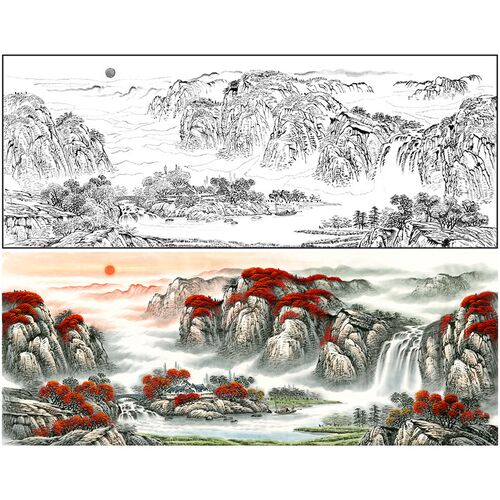 工笔白描底稿大幅山水画鸿运当头国画打印稿用作临摹勾线使用FS04