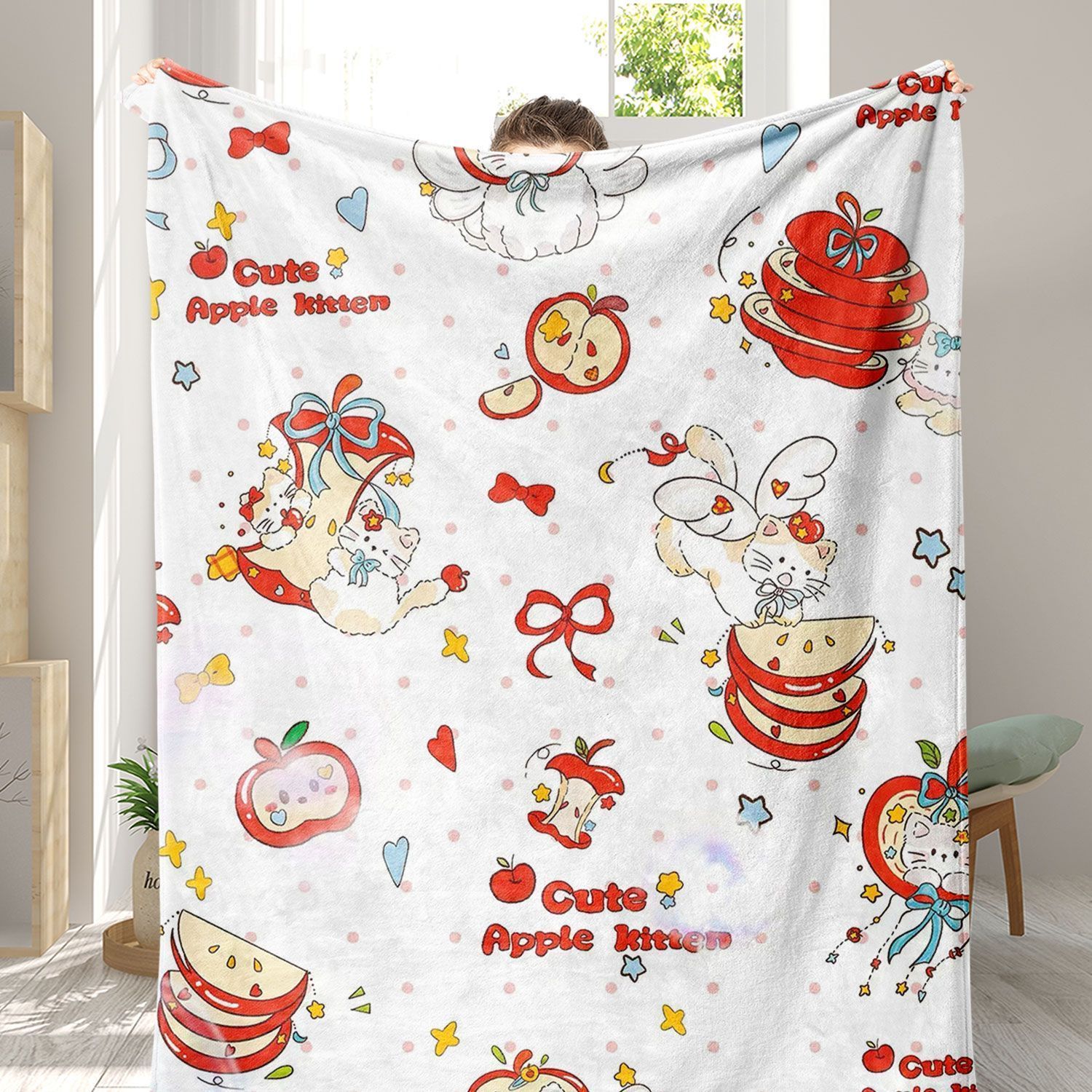苹果猫法兰绒盖毯专用午休毯午睡新款可机洗时尚潮流加厚盖毯