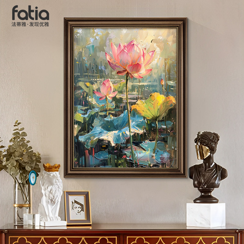 纯手绘油画荷花玄关装饰画欧式复古餐厅风景挂画高级感睡莲壁画