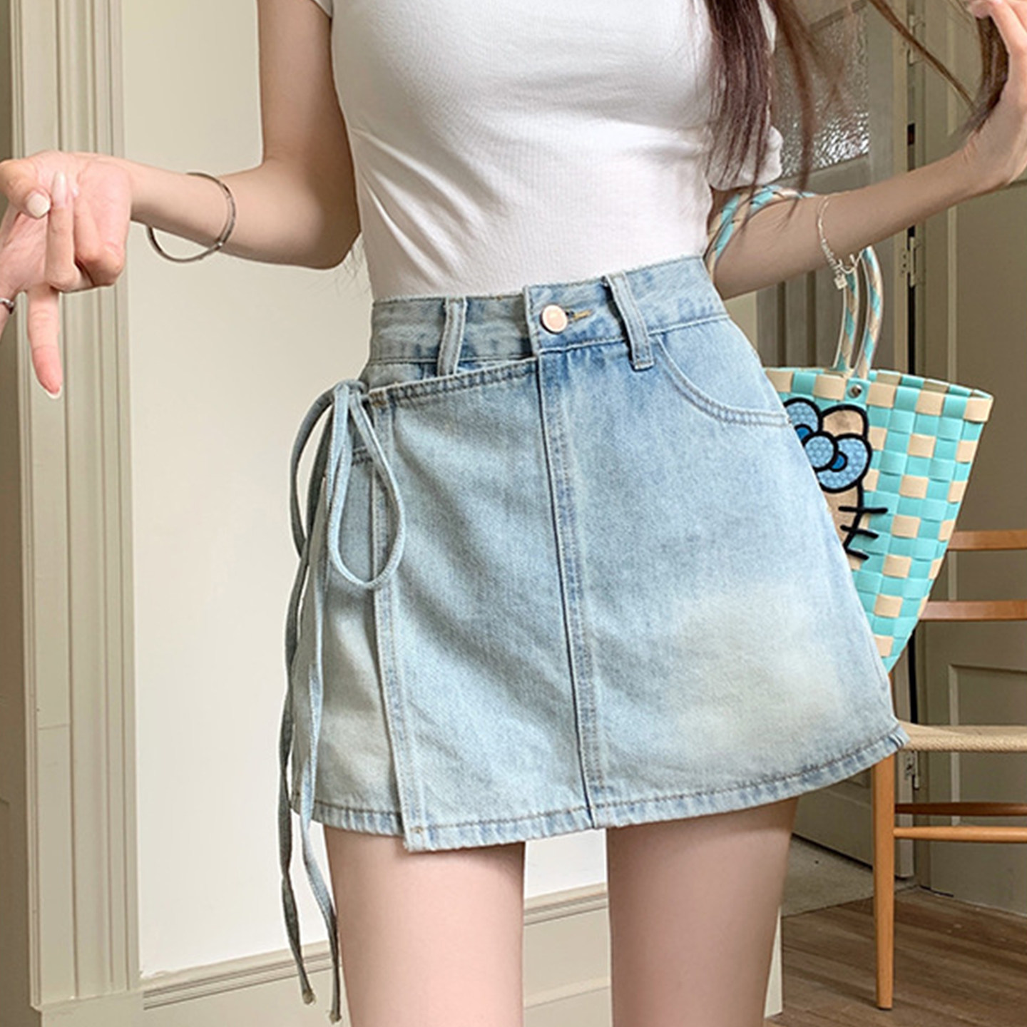 夏季女士高腰显瘦牛仔绑带短裙