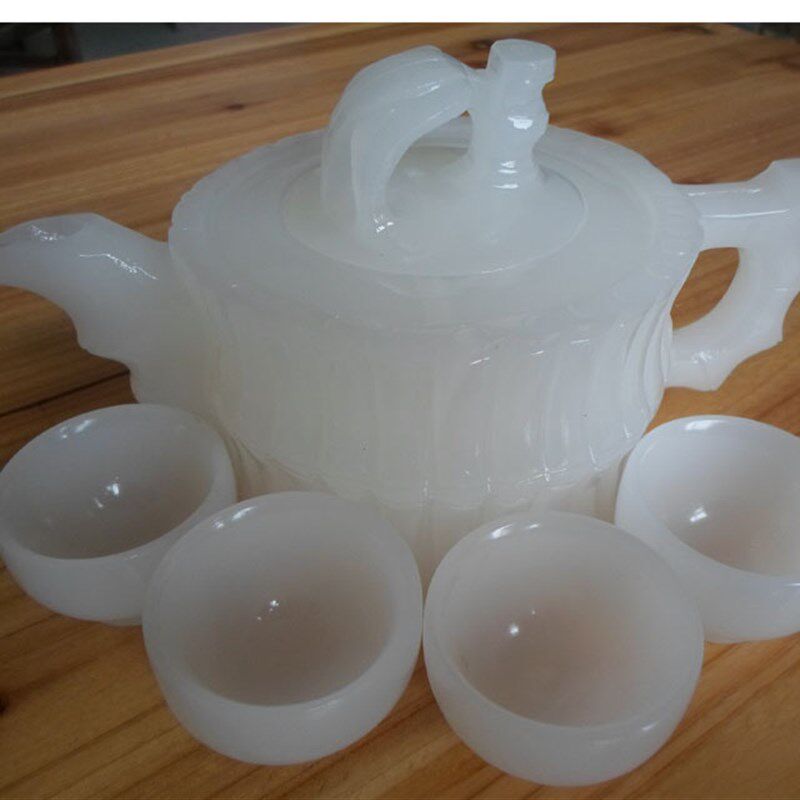 天然白玉阿富汗玉茶具 茶壶玉石酒具摆件玉壶 送礼品套盒 包邮