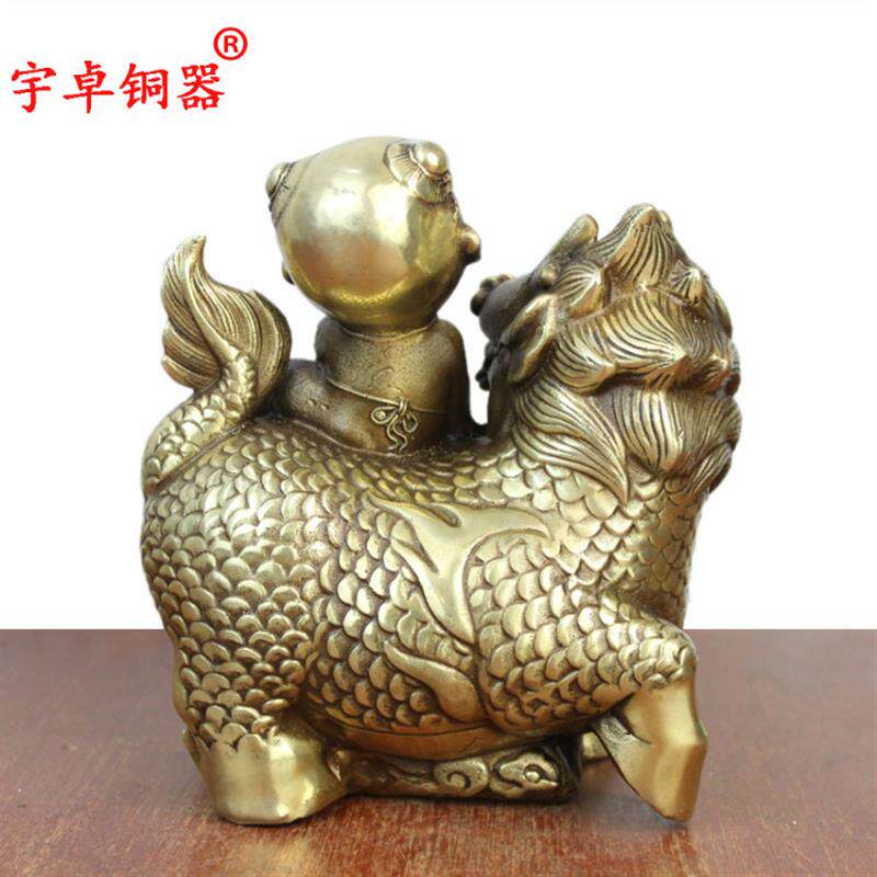 宇卓铜器 纯铜麒麟 黄铜麒麟 童子骑麒麟 家居工艺品摆件铜麒麟