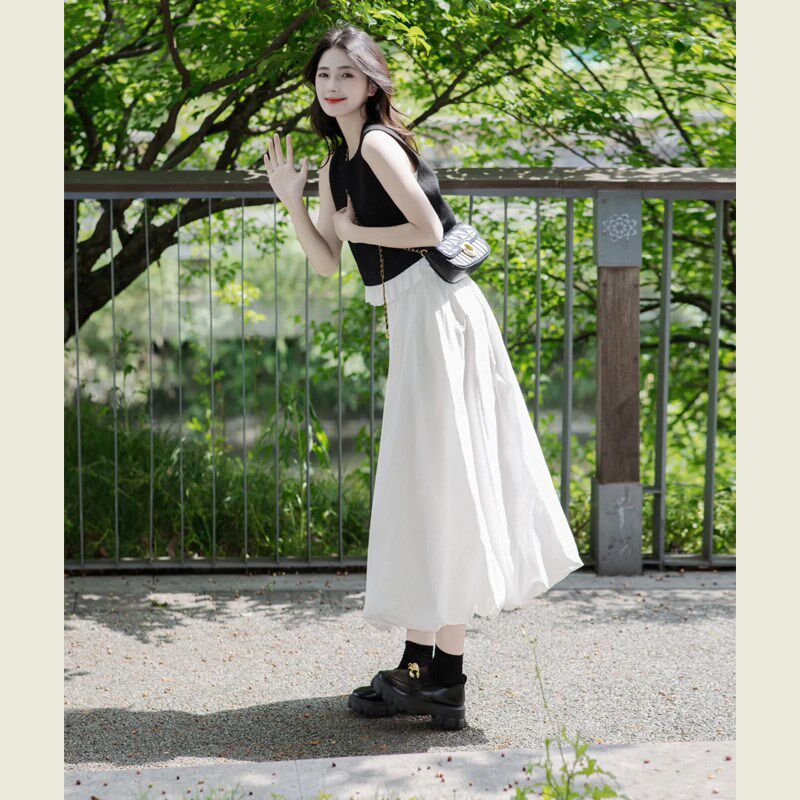黑色背心花边拼接无袖上衣长裙套装女夏季高腰花苞半身裙两件套