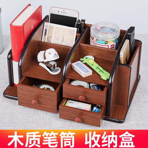 甄选汇星木质跨境创意多用桌面收纳笔筒木制桌面杂物收纳笔桶亚马